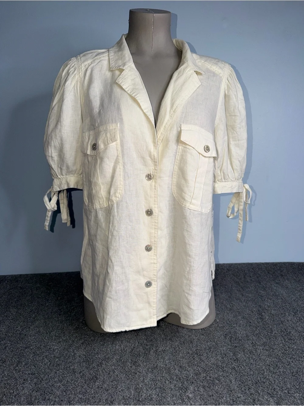 Free People Cream Button-Front Puff Sleeve Shirt